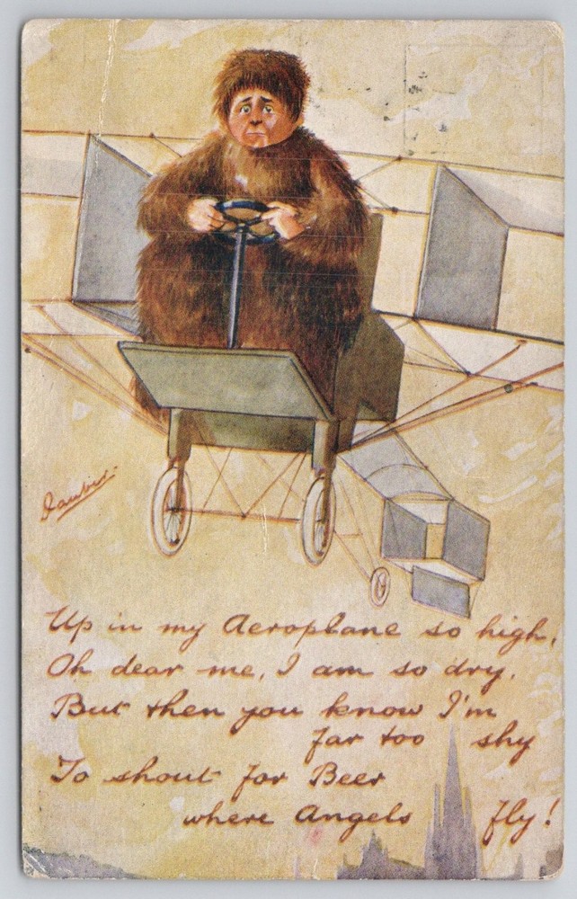 1913 Humorous Aeroplane Biplane Ape Pilot Satire Series Postcard Dawkins Art
