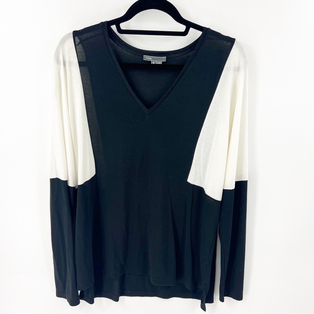 ✅ Vince Colorblock Long Sleeve Tee BLACK WHITE SIZE MEDIUM