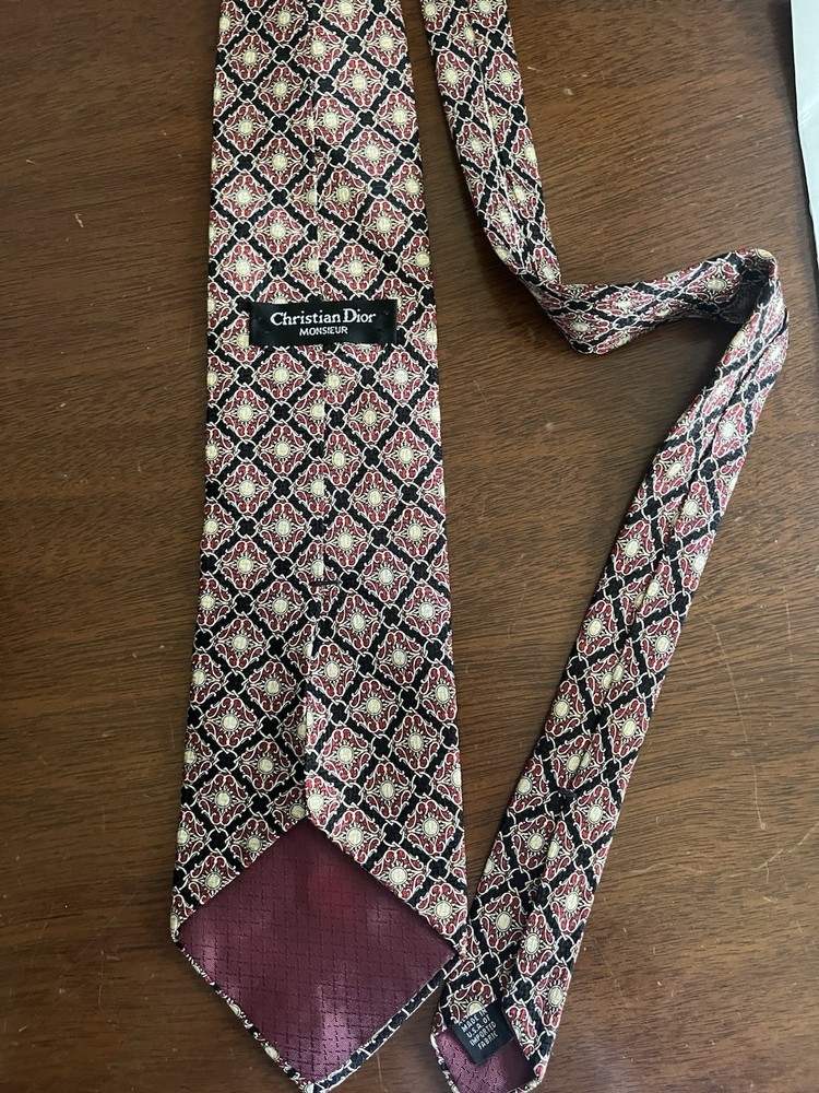 Vintage CHRISTIAN DIOR Red Geometric Silk Tie Designer Necktie USA