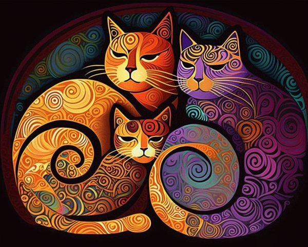 Abstract Colorful Cat Family Giclee Art Print Modern Feline Painting B03-image