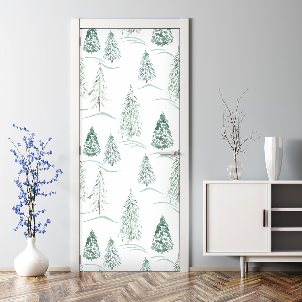 Winter Aquarelle Forest Trees Bubble Free Door sticker Easy stick Self adhesive