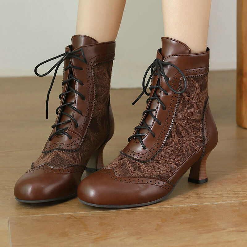 Winter Autumn Womens Lace Up Ankle Boots Carved Wing Tip Retro Style Mid Heel sz