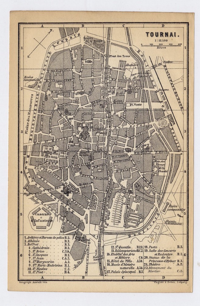 1885 Antique City Map Of Tournai / Tournay / Belgium