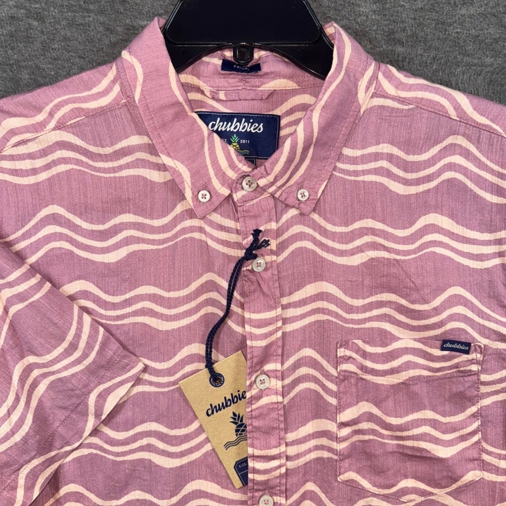 Chubbies The Airwave Resort Weave Friday Shirt Button Up Pink Wave Men Large NEW