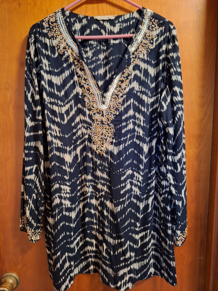 Soft Surroundings Womens Tunic Top Large Blue Ikat Beaded Coastal Resort Beachy