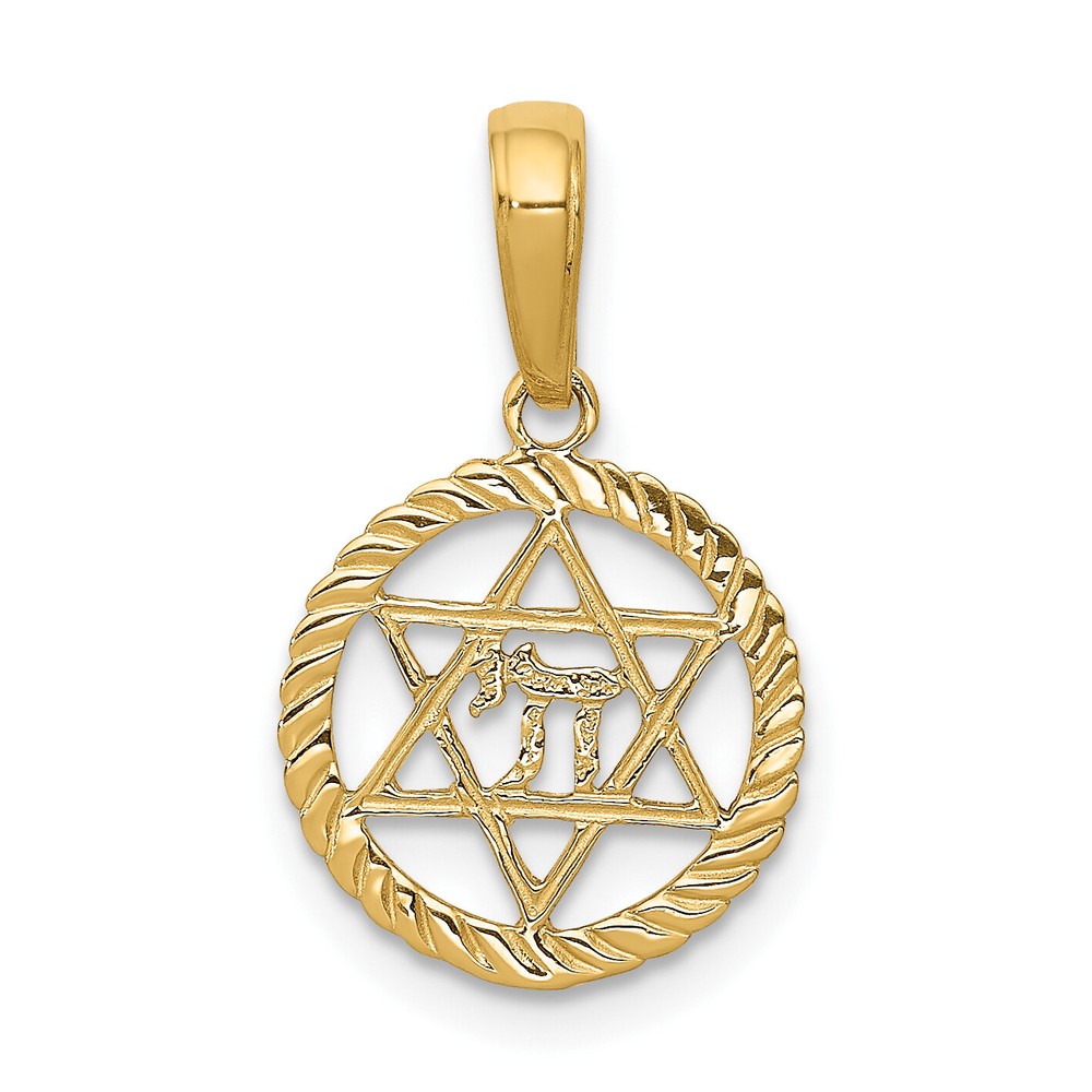 Avariah Solid 14K Yellow Gold Star of David and Chai in Circle Pendant - 18mm