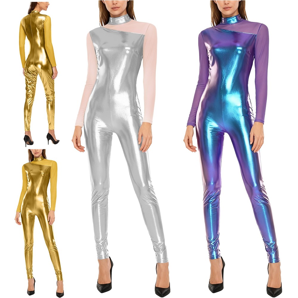 Women Jumpsuit Adult One-piece Silky Metallic Workout Bodysuit Carnivals Sexy