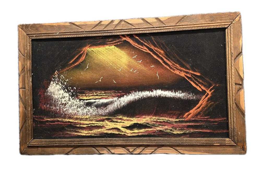 Vintage Mexican Black Velvet Wave Painting Tiki Surf Art Carved Wood Frame 23x15
