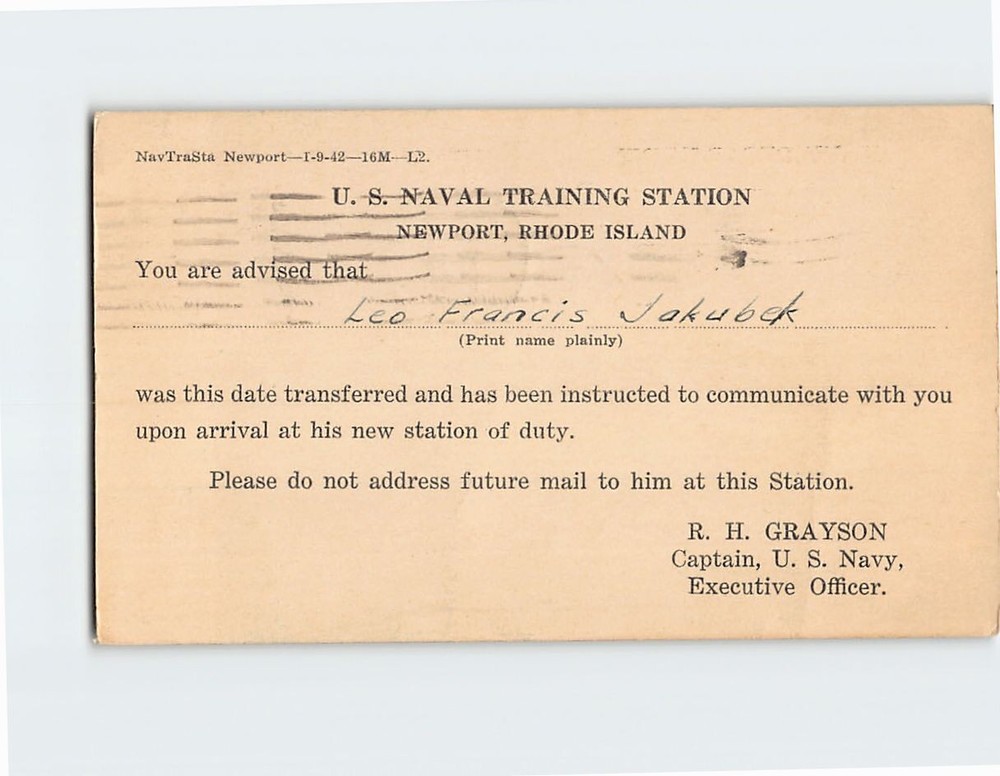 Postcard US Naval Training Station Newport Rhode Island Transfer Notification