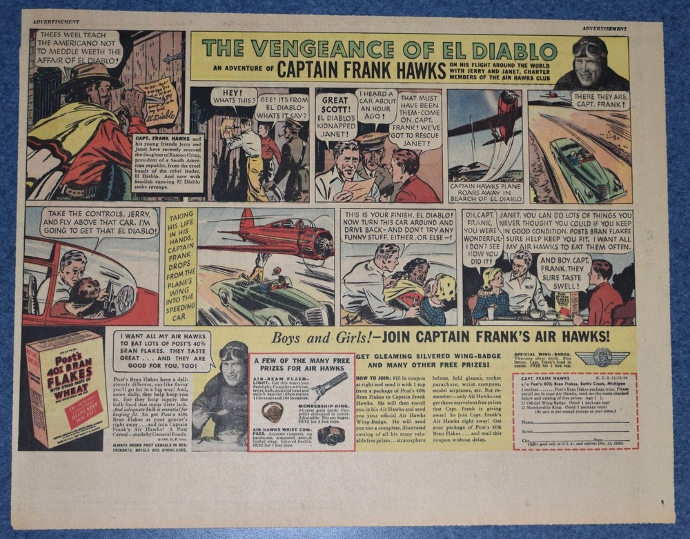 1936 - Post Bran Flakes Newspaper comic ad - El Diablo with Captain FRANK HAWKS