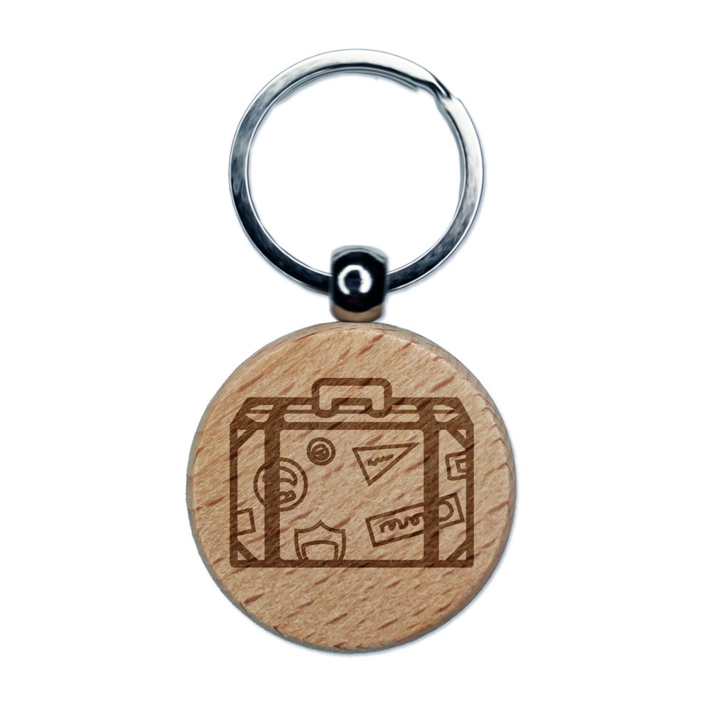 Travel Suitcase with Destination Stickers Engraved Wood Round Keychain Tag Charm