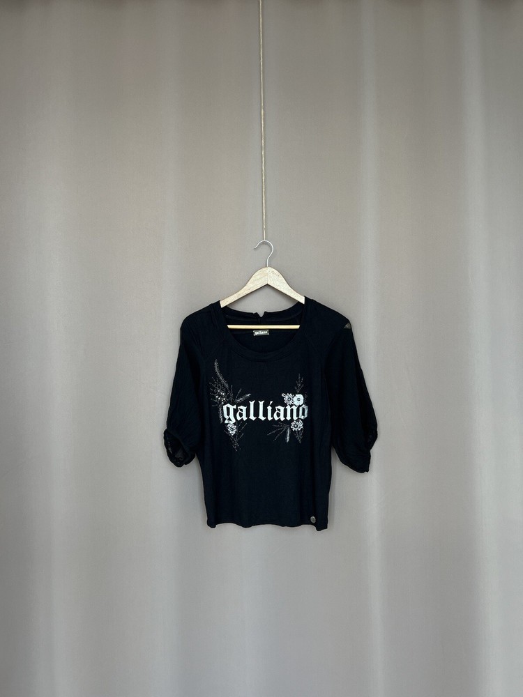 John Galliano Silk Big Logo T-Shirt Womens Size M Blouse Black Vintage