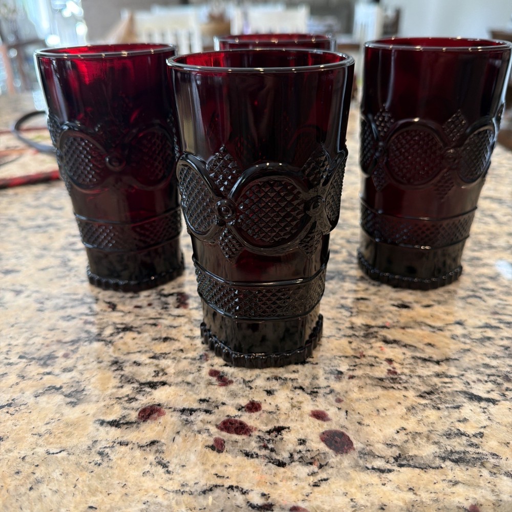 Vintage Ruby Red Avon Cape Cod Glassware Set – 4 Cups,