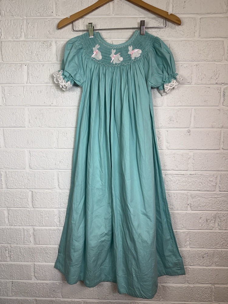 NWT Pleats & Stitches Smocked Crochet Bunnies Bishop Blue Dress Girl's Size 8