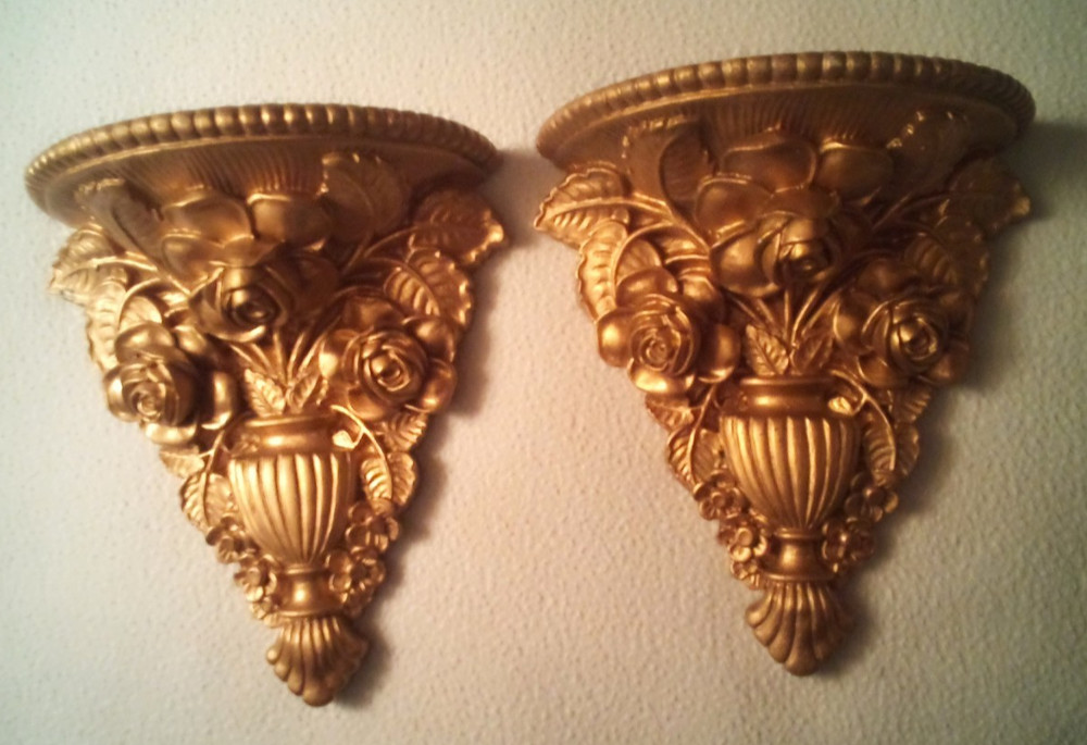 Pair of Vintage Resin Wall Shelf Sconces Ornate Gold Roses in Vase Floral MCM