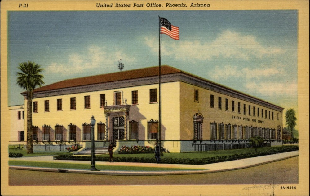 Post Office Phoenix Arizona flag ~ 1940s linen postcard