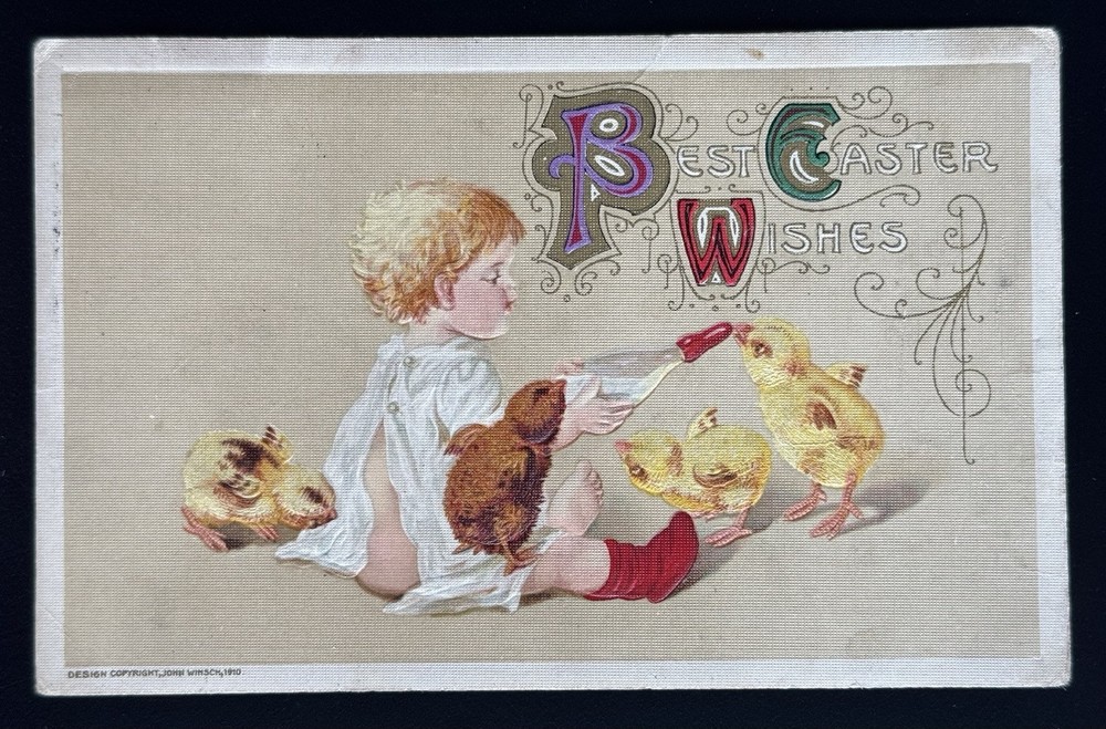 Easter Postcard John Winsch Child Feeds Baby Chicks With Bottle Germany 1910