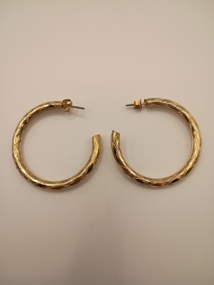 Vintage 80s Gold Tone Etched Hoop Earrings Pierced Chunky