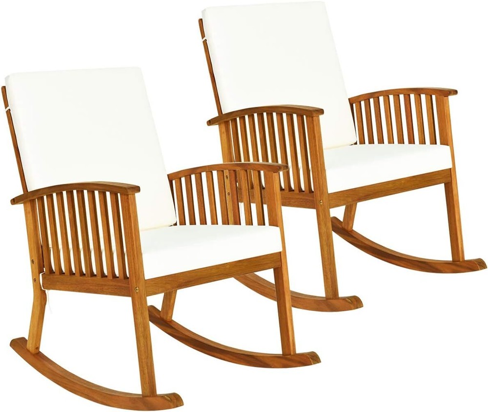 2-Piece Acacia Wood Outdoor Rocking Chair Set with Washable Cushions