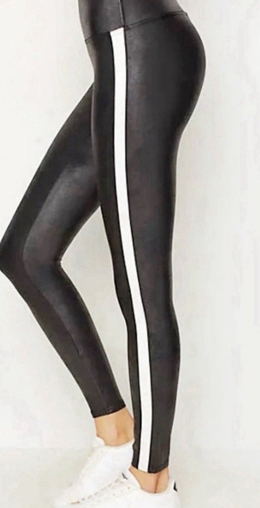 SPANX Black Faux Leather White Side Stripe Leggings- Size XL