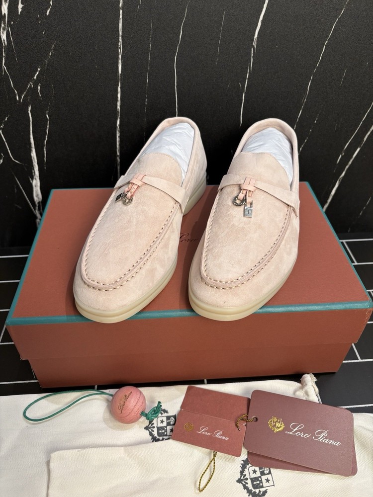 Loro Piana Suede Summer Charms Walk Loafers Women Size EU 38/ US 8 Pink Sand