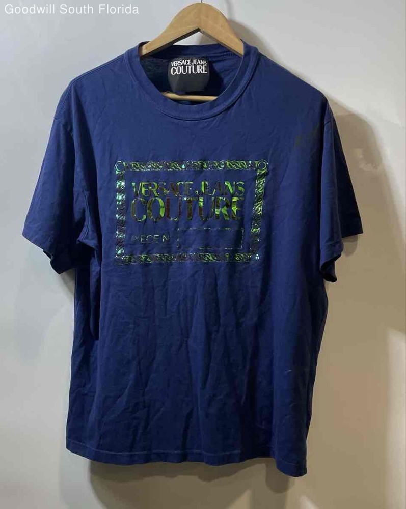 Authentic Versace Jeans Couture Mens Dark Blue Graphic T-Shirt Size L Stained