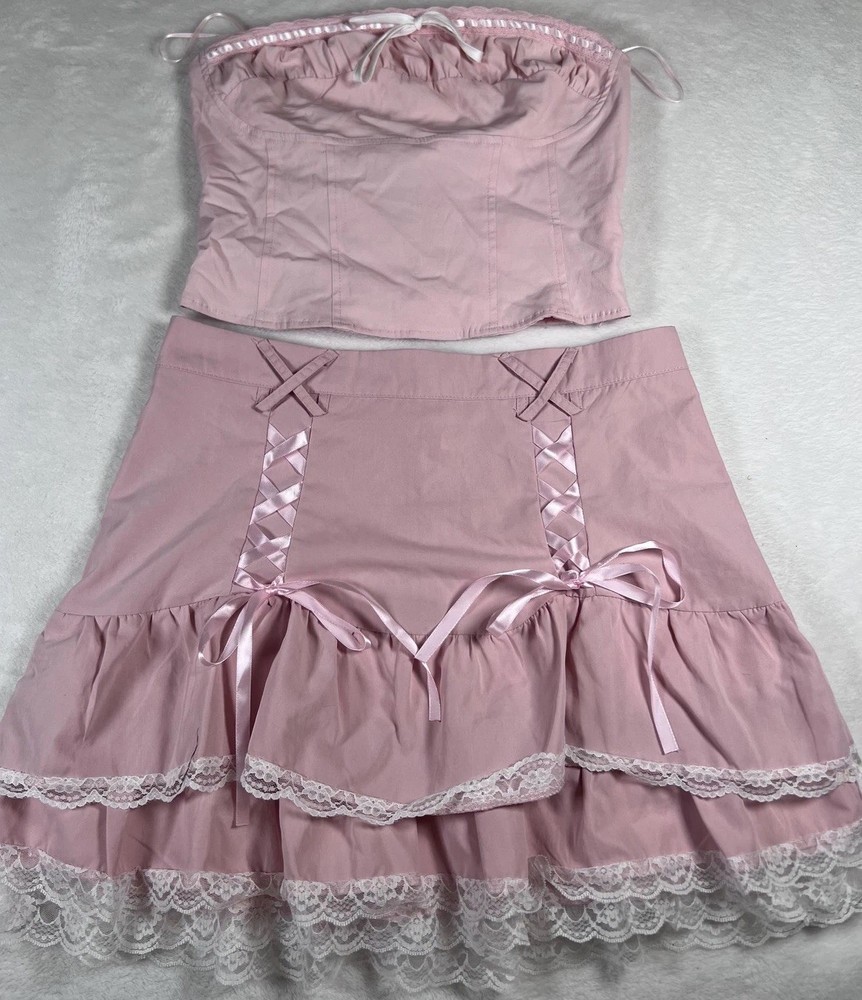 Garage Skirt Set Womens Pink Lace Ruffle Bow Top Y2K Party Corset Cute