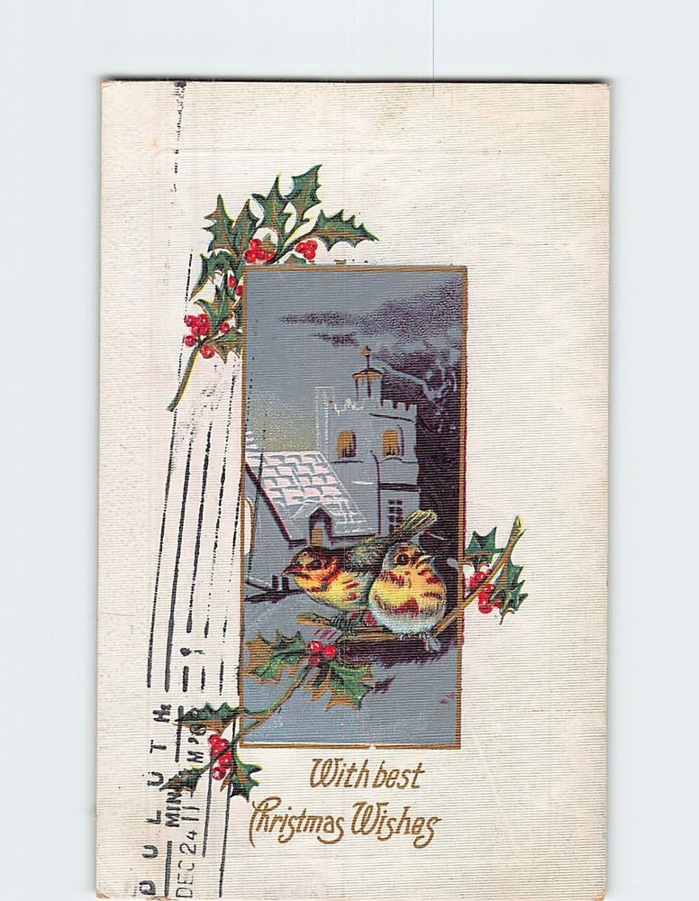 Postcard Embossed With Best Christmas Wishes Holiday Greeting Card w/ Art Print