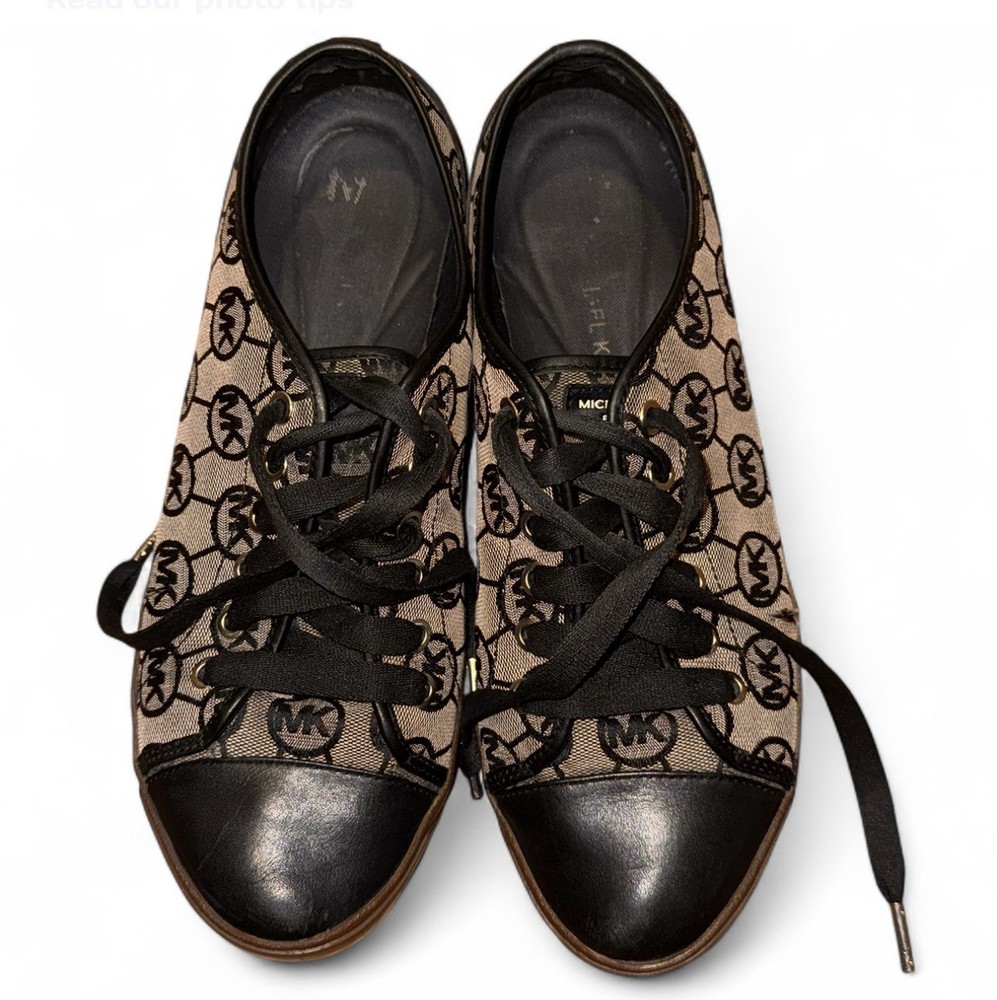 Michael Kors Logo City Sneaker Sz 7 MK Signature Shoes Black Brown Casual