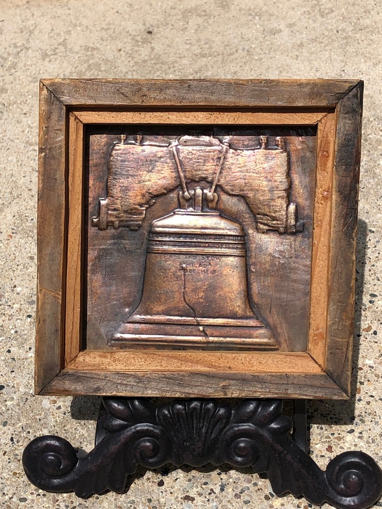 Liberty Bell Embossed Copper Art Relief Vintage Primitive Wood Framed Mini 4.75