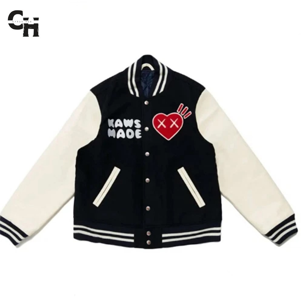 Letterman Men's Human Made Kaws Black Wool White Leather Sleeves Varsity Jacket