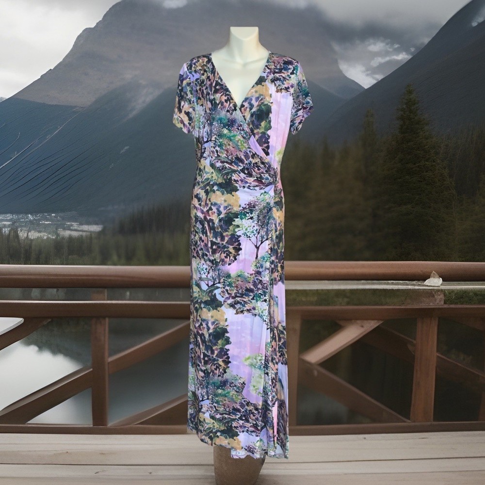 Soft Surroundings Maxi Dress Faux Wrap Stretch Sz M lavender tree print slit