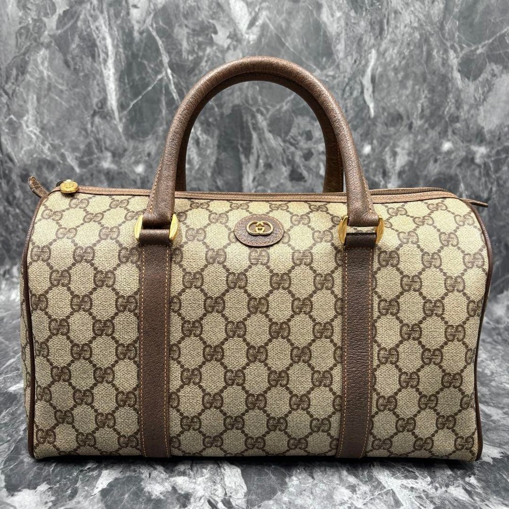 GUCCI Supreme GG Boston Bag in Leather & PVC with Gold Hardware, Brown & Beige
