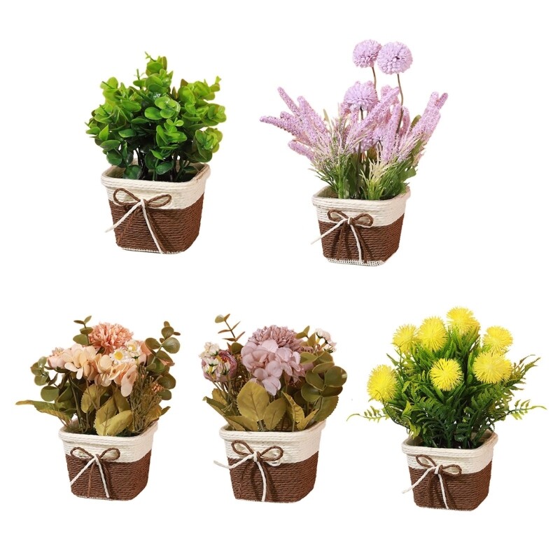 Faux Potted Plant in Basket for Office Desk Home Decor  