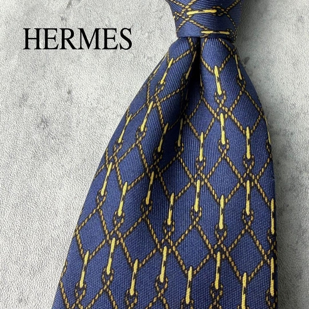 HERMES Necktie Tie All over rope pattern Made in France Men's Navy 100% Silk