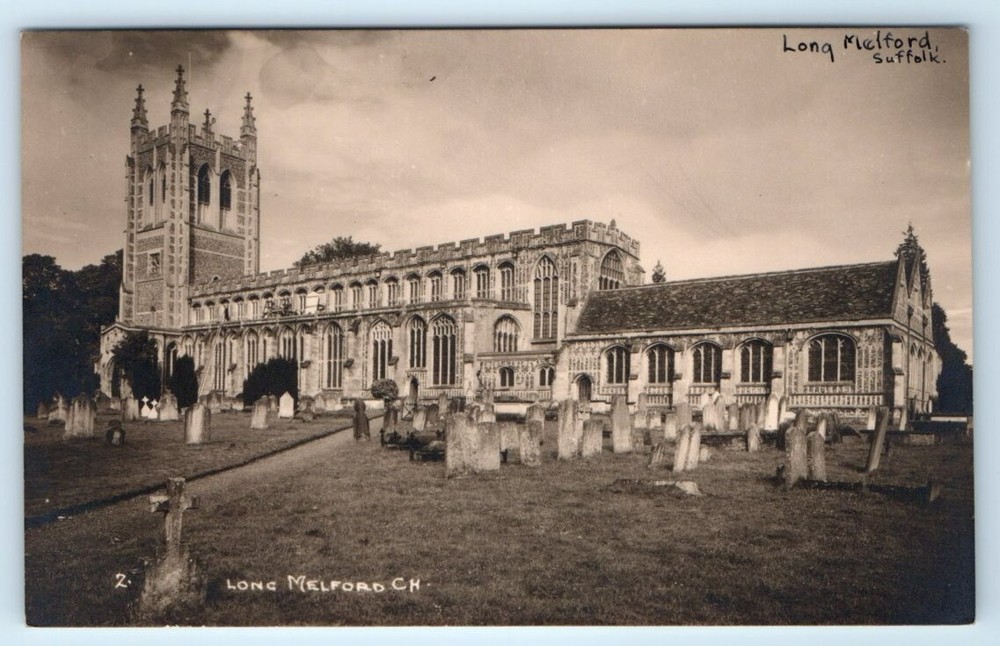 RPPC Long Melford Church & Graveyard Suffolk England UK W.A. Call Postcard