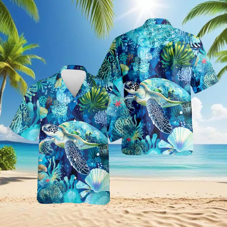 Sea Turtle Coral Hawaii Shirt Beach Vacation Aloha Ocean Mens Womens Gift