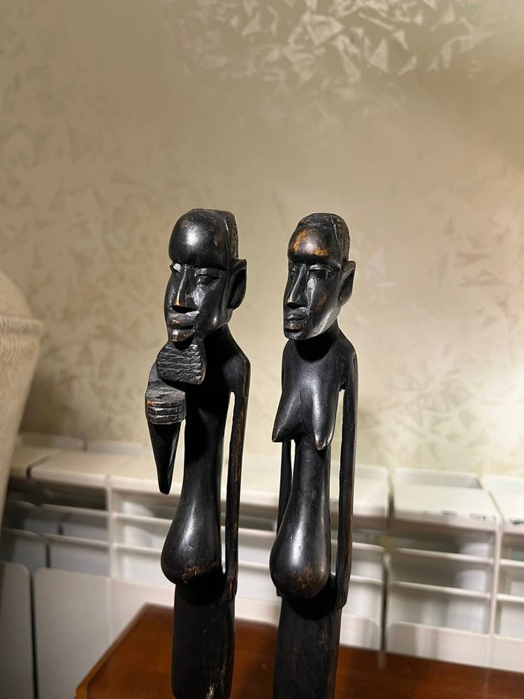 Vintage African Tribal Wood Sculptures Pair Hand Carved Ethnic Art Decor
