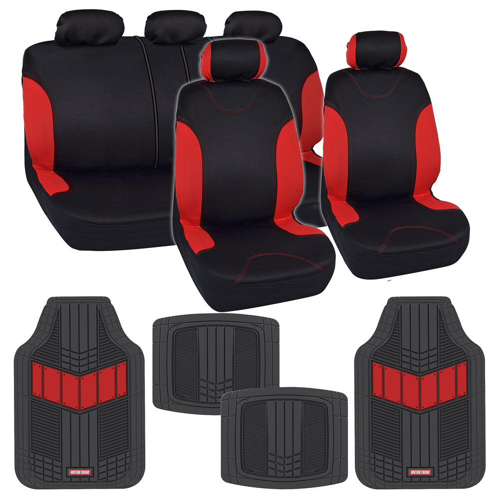 Full Car Seat Covers & Rubber Floor Mats Interior Set-Red/Black Sedan Truck SUV