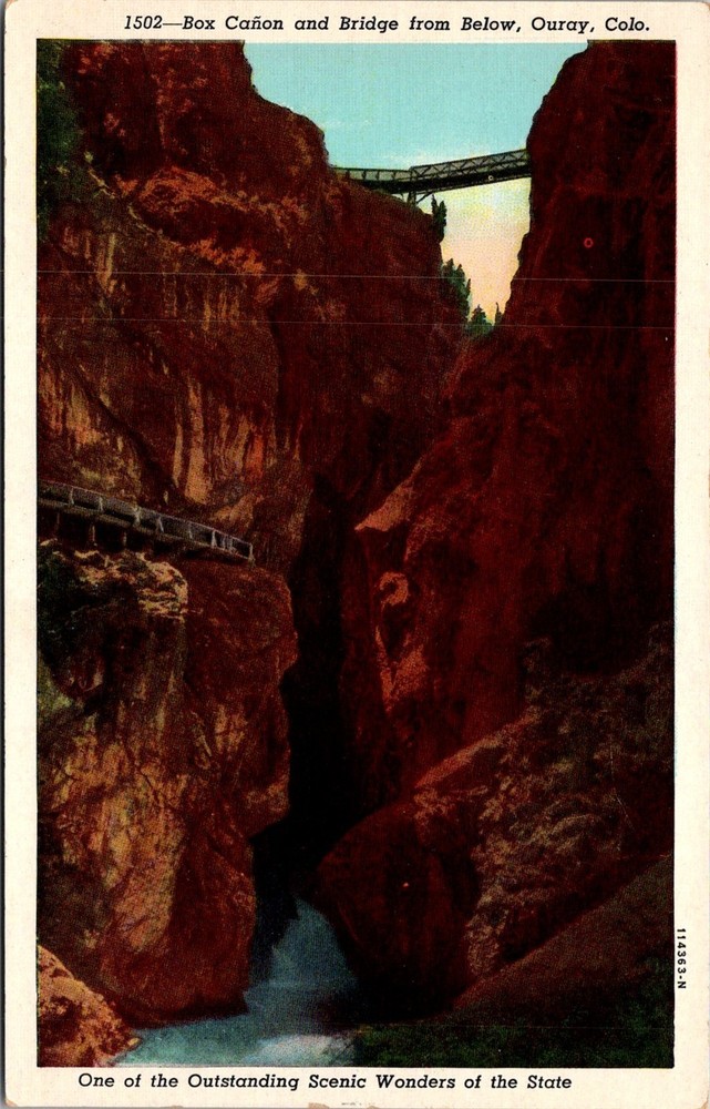 Box Canyon and Bridge from Below, Ouray, Colorado Vintage Postcard
