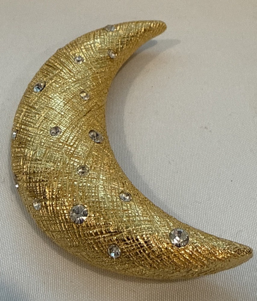 Vintage Chr Dior Crescent Moon Brooch Textured Gold Tone & Rhinestones - Signed