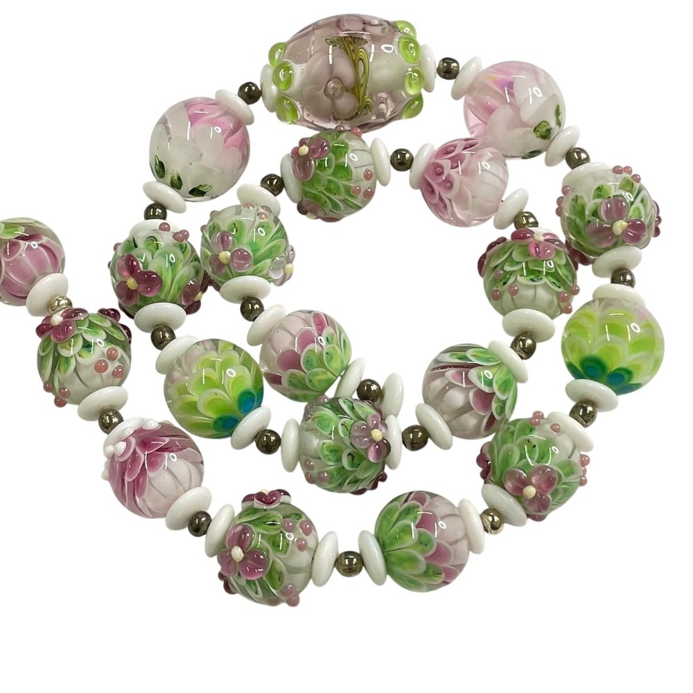 Handmade Lampwork Pink Green White Flowers Petals Raised Glass Artisan Bead Set