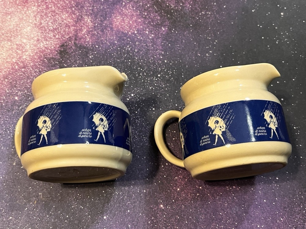 Vintage Morton Salt When It Rains It Pours Glass Creamers