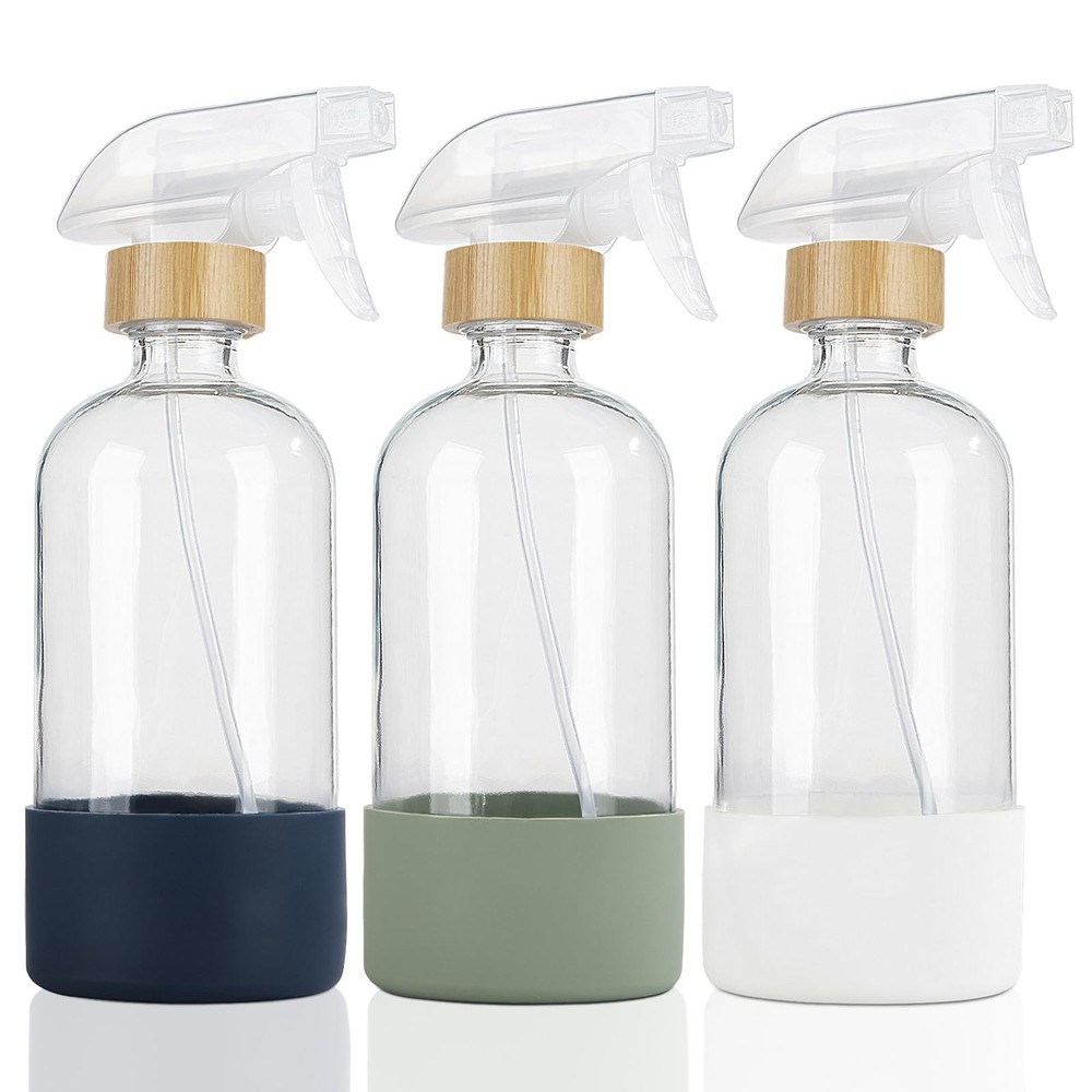 Refillable Bamboo Glass Spray Bottles with Protective Silicone Sleeve
