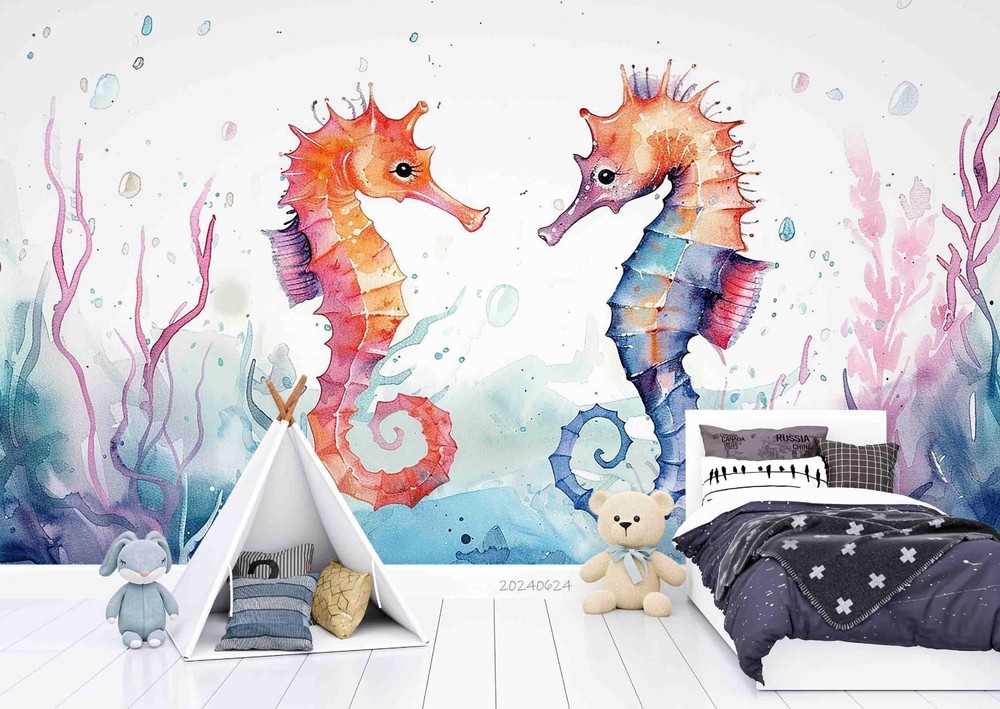 3D Seahorse Coral Watercolor Wall Murals Wallpaper Murals Wall Sticker 3