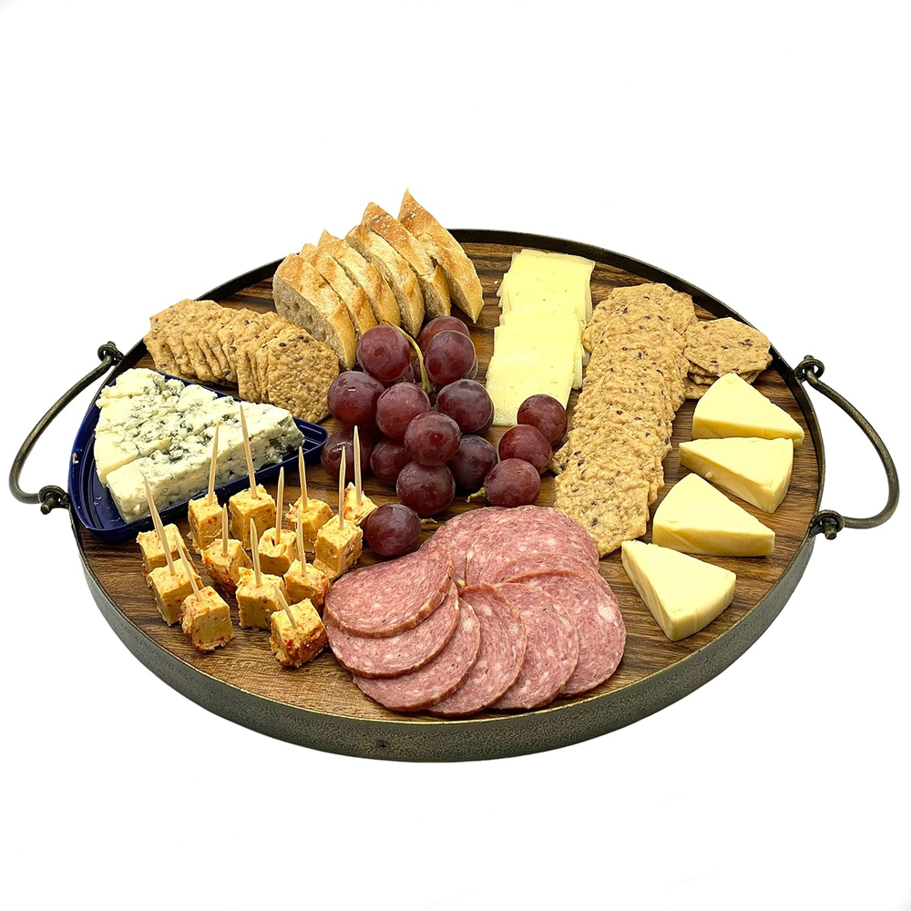 Acacia Wood Round Charcuterie Cheese Board with Handles-image