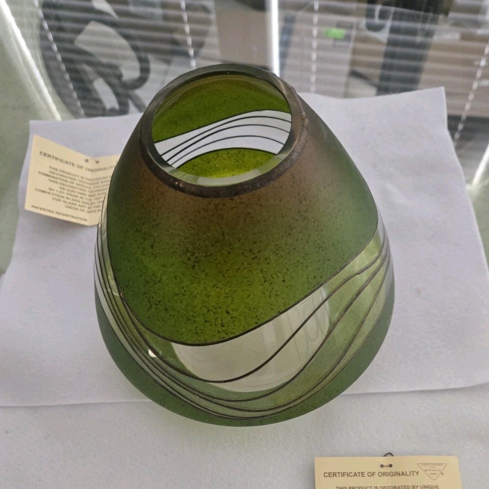 Miracle Studio Czech Art Glass Vase Green/Clear Abstract, Signed V. Votroubič
