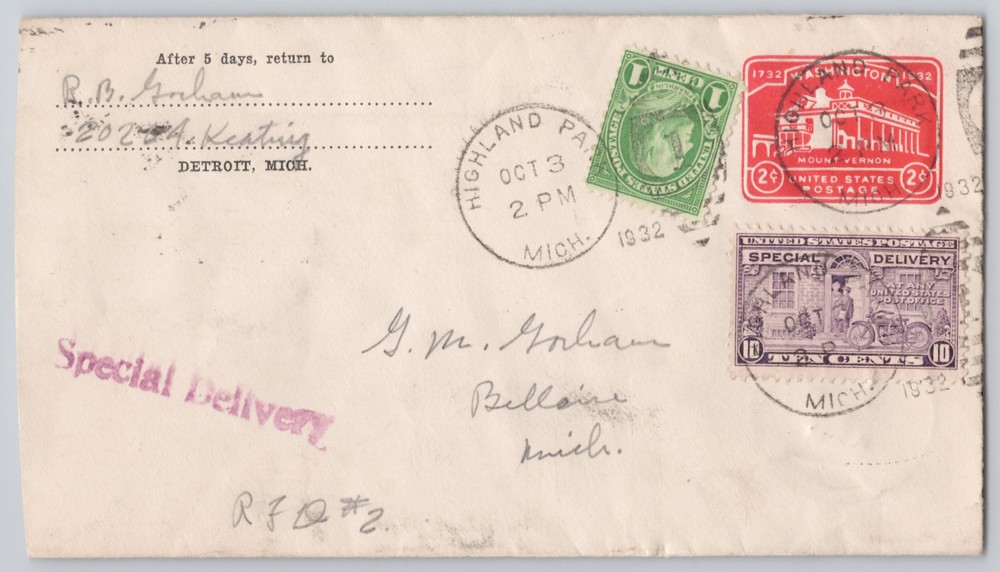 Bellaire, Michigan, Special Delivery and 2c Washington Stamps on Cover 1932