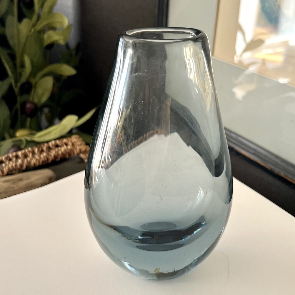 Kosta Glassworks Vase Hand Blown Glass Sweden Smoke Gray Vintage Decor Heavy