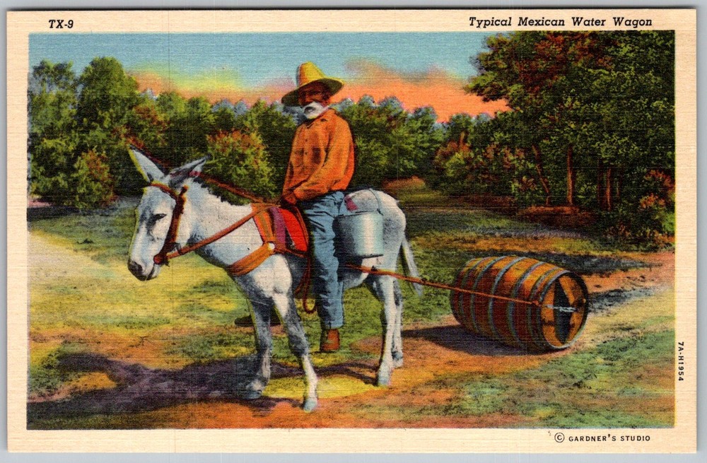 Vtg Linen Postcard Mexican Water Wagon Mexico 1930s